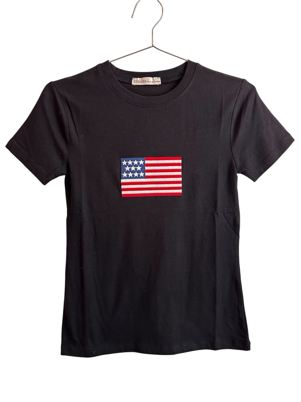 Zenana Outfitters Black Short Sleeve Tee with American Flag Patch